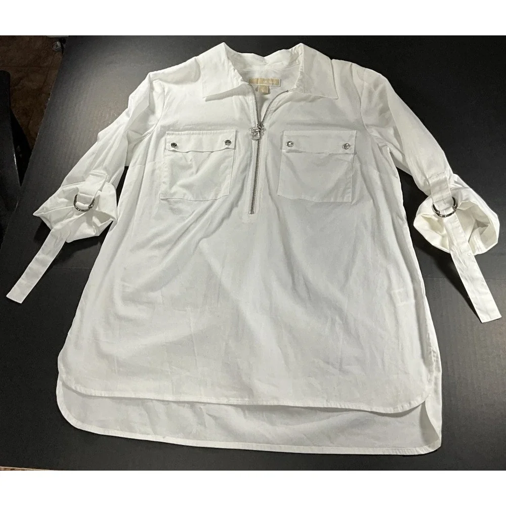 Michael Kors White 1/2 Zip Flip Cuff Sleeve Pockets Top/Blouse Women's Medium